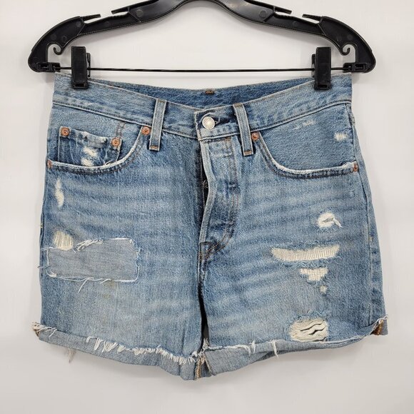 Levis Women Blue Distressed Raw Hem Hi Rise Button Fly 501 Denim Shorts Size 26 - Picture 1 of 12